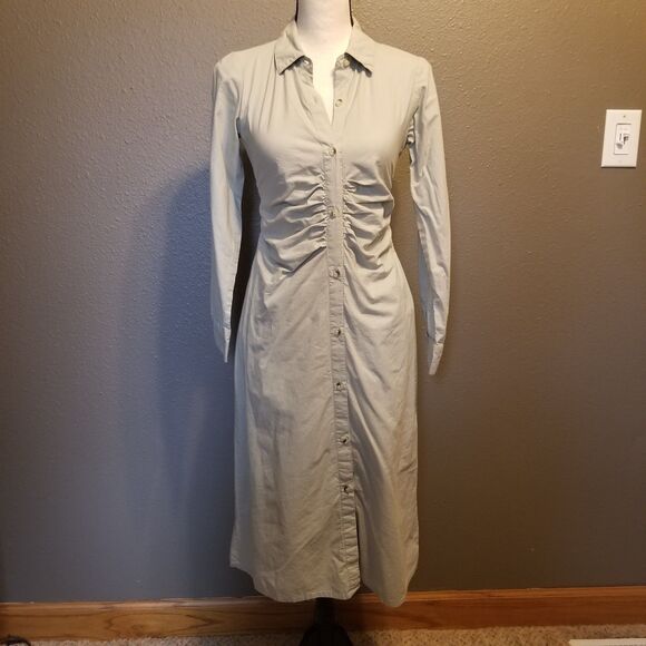 Sim & Sam S Dress 100% Cotton Midi Sage Green Long Sleeve Button Front Office - Picture 1 of 10